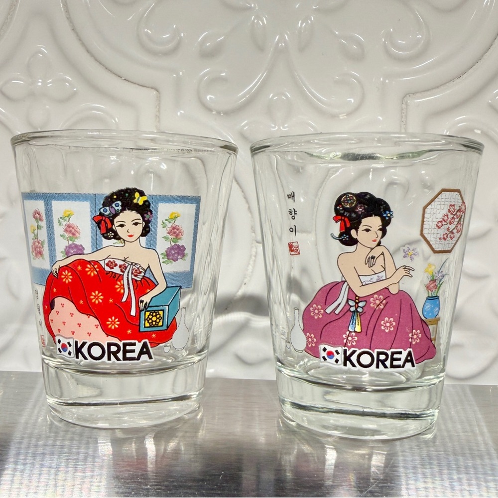 vintage Korean soju shot glasses with women in traditional hanbok set of 2